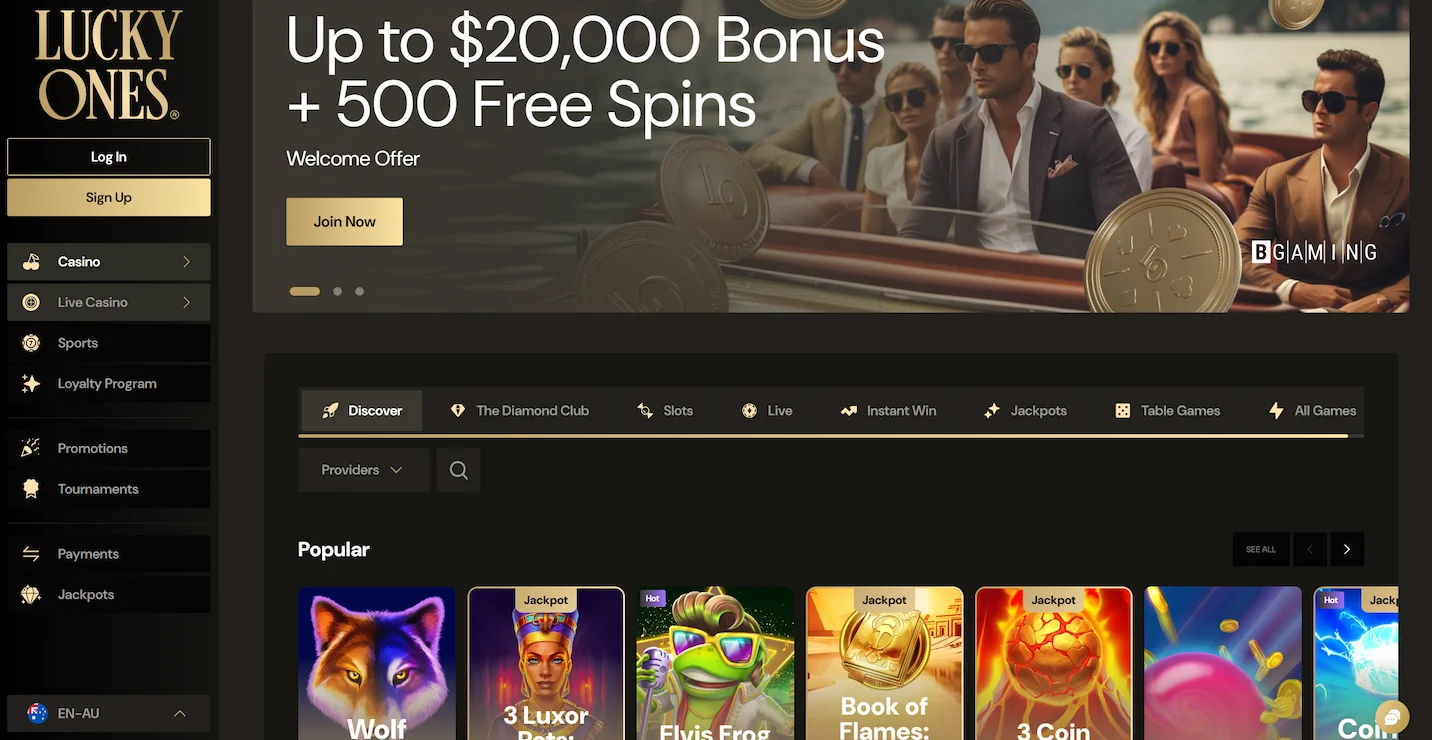 Lucky Ones casino page showing welcome offer, selection of popular online pokies and site main navigation