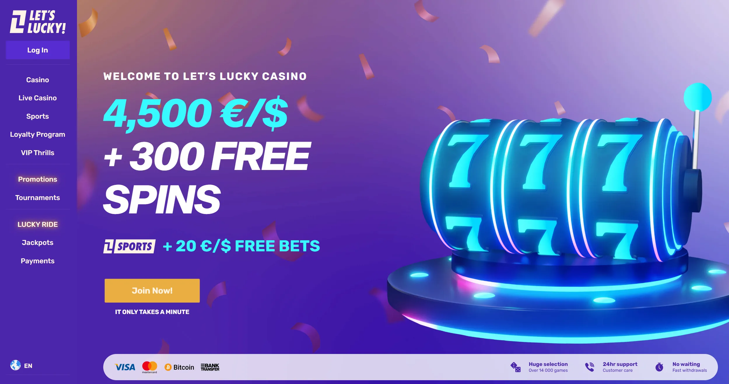 Let's Lucky casino page showing welcome bonus offer and site main navigation