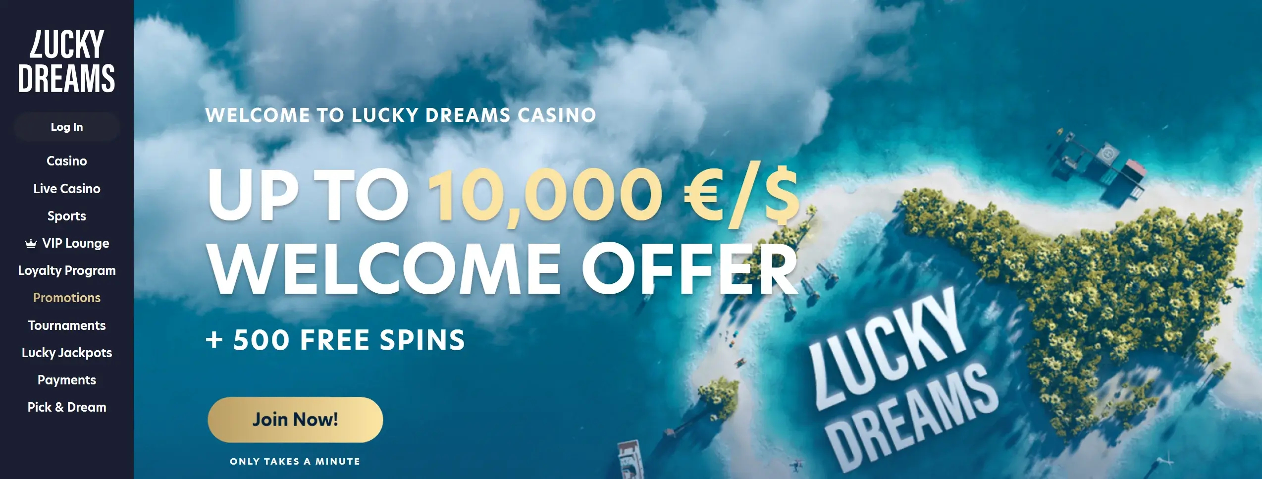 Lucky Dreams casino page showing welcome offer and site main navigation