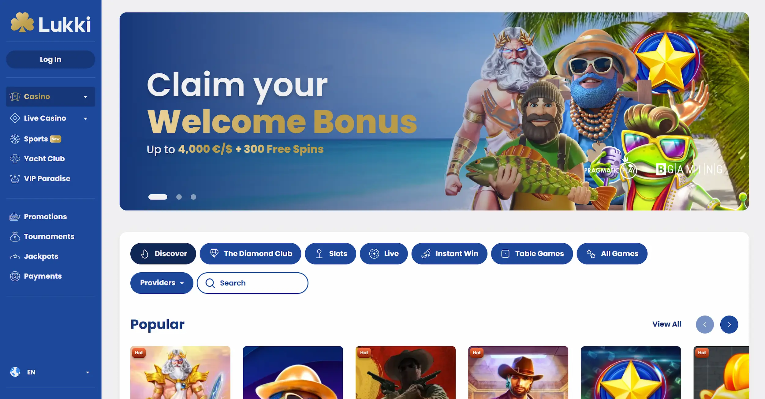 Lukki casino page showing welcome bonus offer, selection of online pokies and site main navigation